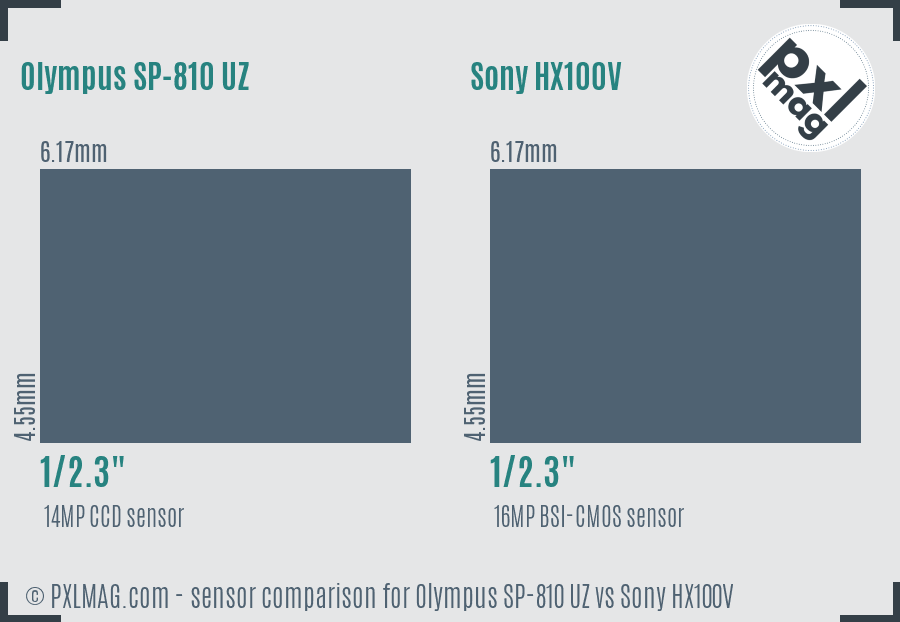 Olympus SP-810 UZ vs Sony HX100V sensor size comparison