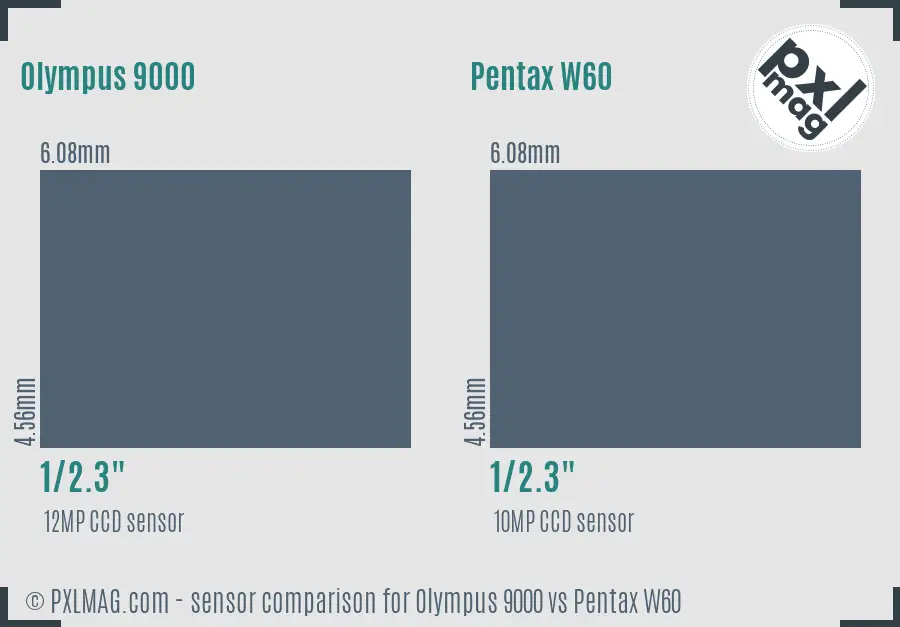 Olympus 9000 vs Pentax W60 sensor size comparison