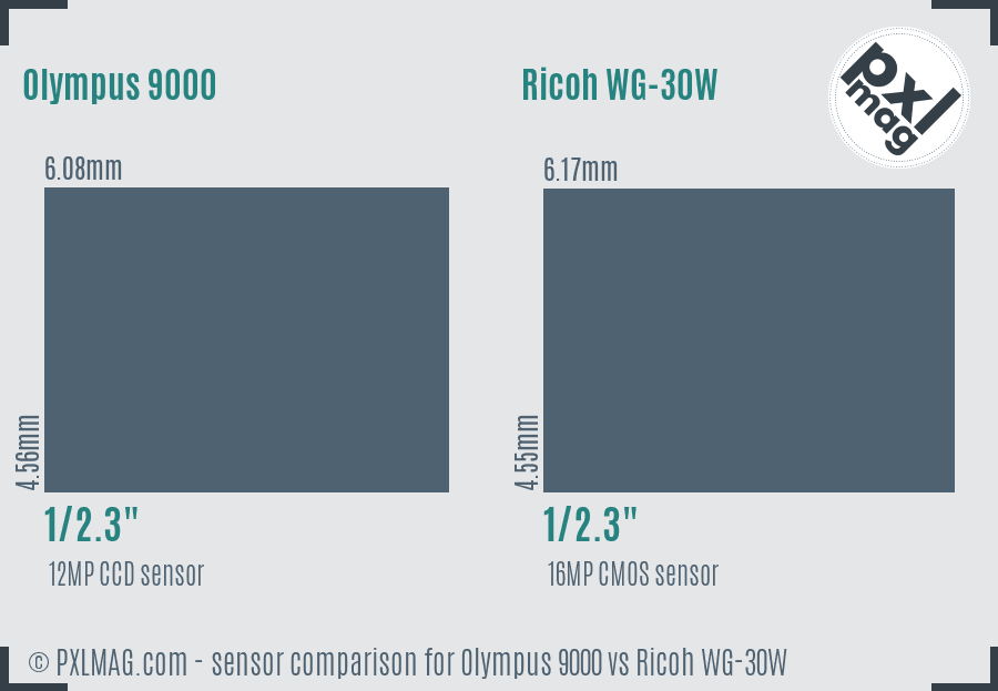 Olympus 9000 vs Ricoh WG-30W sensor size comparison
