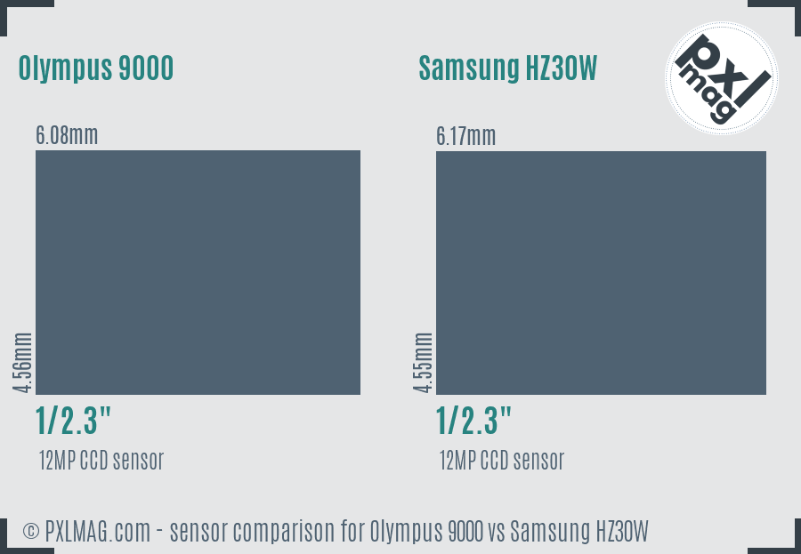 Olympus 9000 vs Samsung HZ30W sensor size comparison