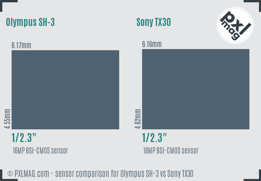 Olympus SH-3 vs Sony TX30 sensor size comparison