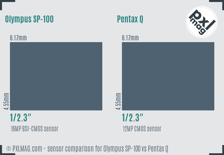 Olympus SP-100 vs Pentax Q sensor size comparison