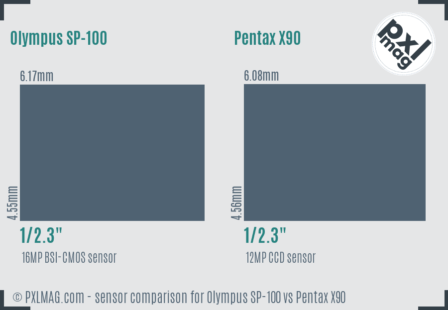 Olympus SP-100 vs Pentax X90 sensor size comparison