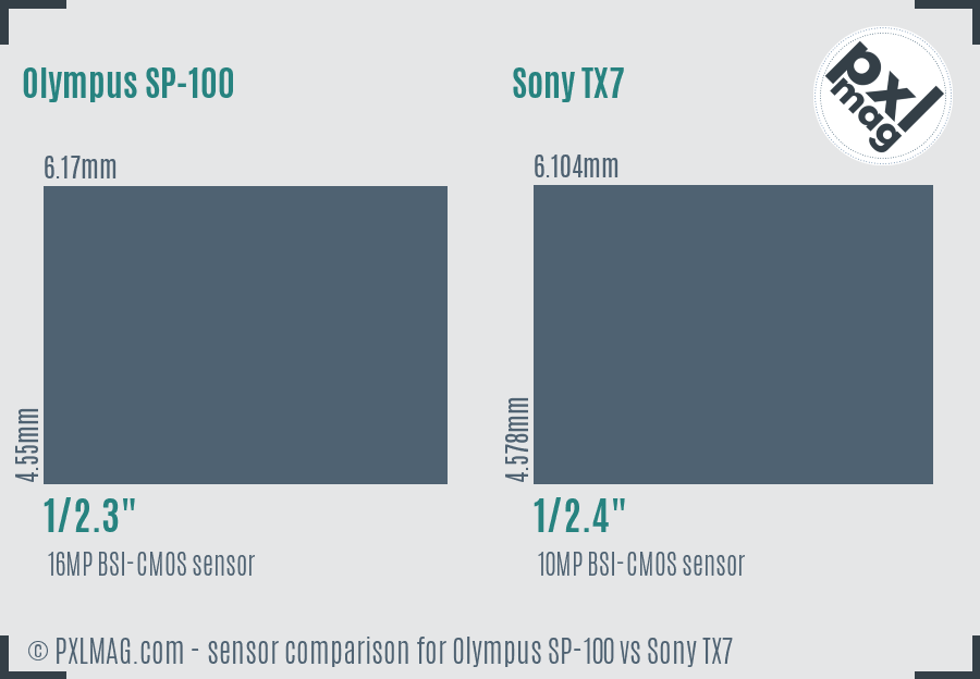 Olympus SP-100 vs Sony TX7 sensor size comparison