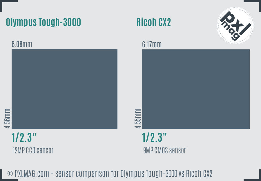 Olympus Tough-3000 vs Ricoh CX2 sensor size comparison