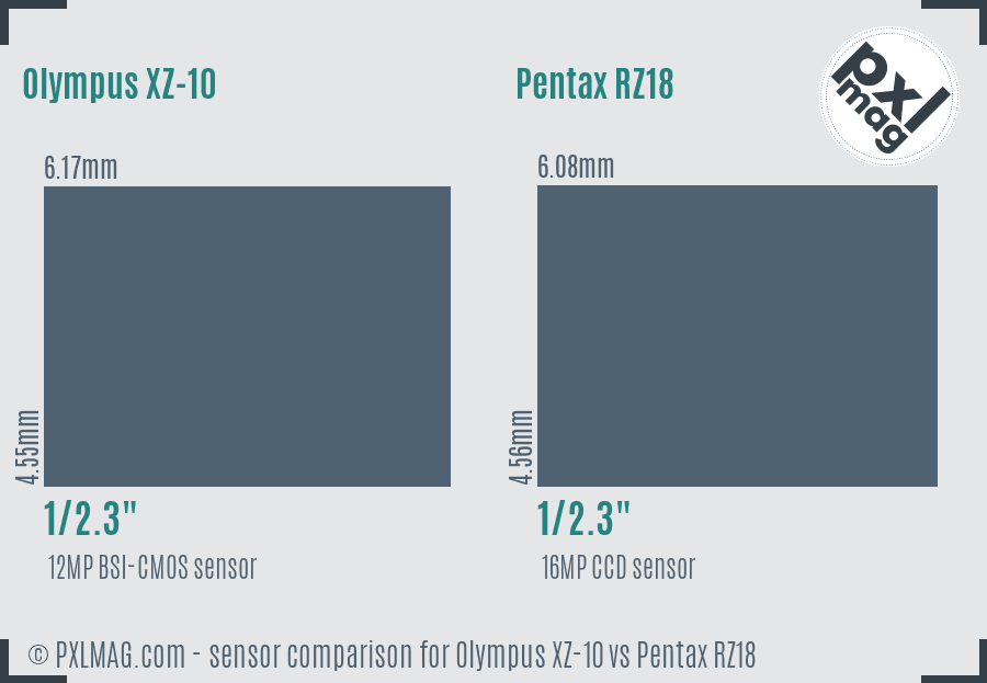 Olympus XZ-10 vs Pentax RZ18 sensor size comparison