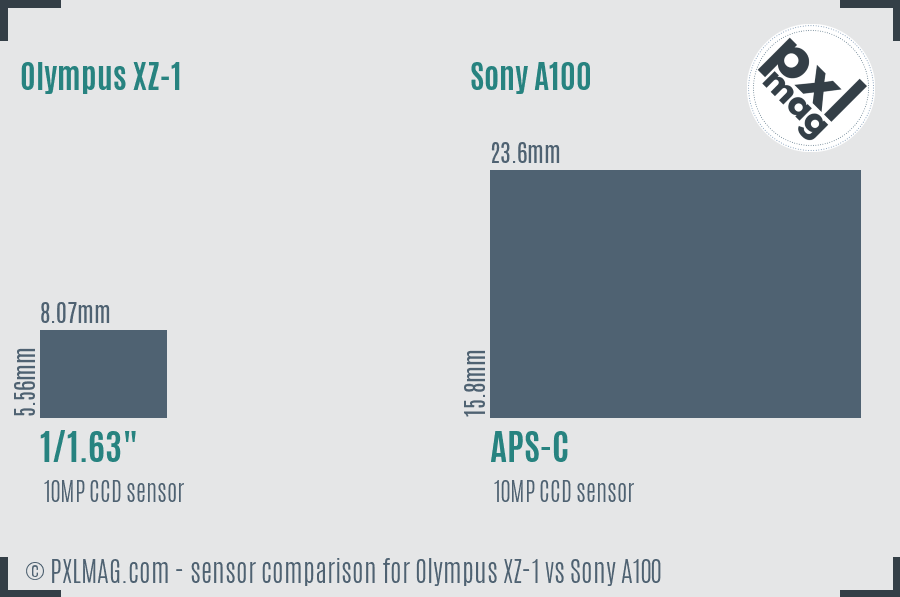 Olympus XZ-1 vs Sony A100 sensor size comparison