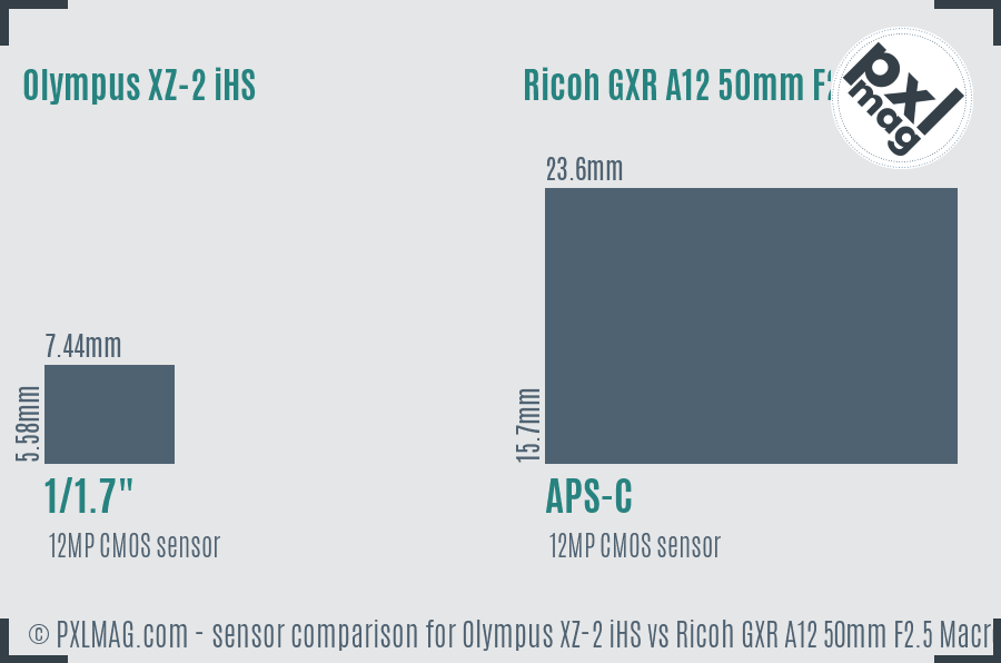 Olympus XZ-2 iHS vs Ricoh GXR A12 50mm F2.5 Macro sensor size comparison