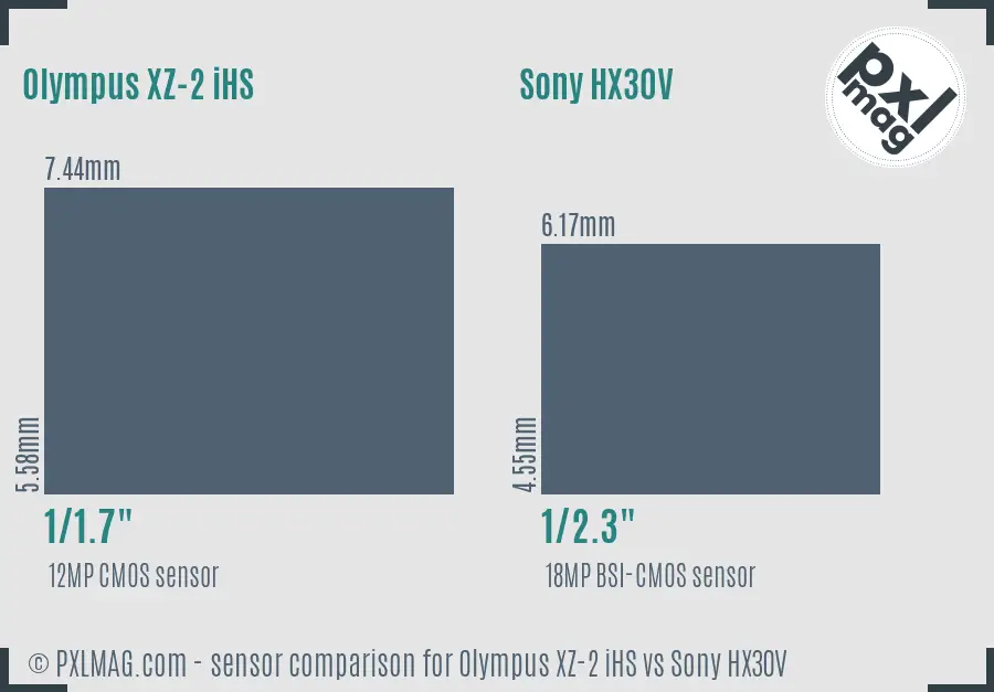 Olympus XZ-2 iHS vs Sony HX30V sensor size comparison