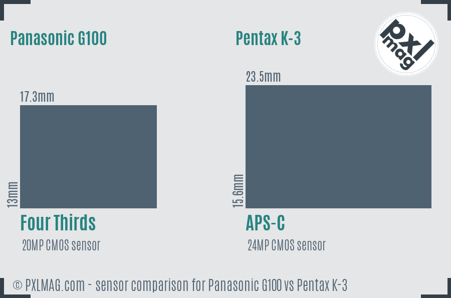 Panasonic G100 vs Pentax K-3 sensor size comparison