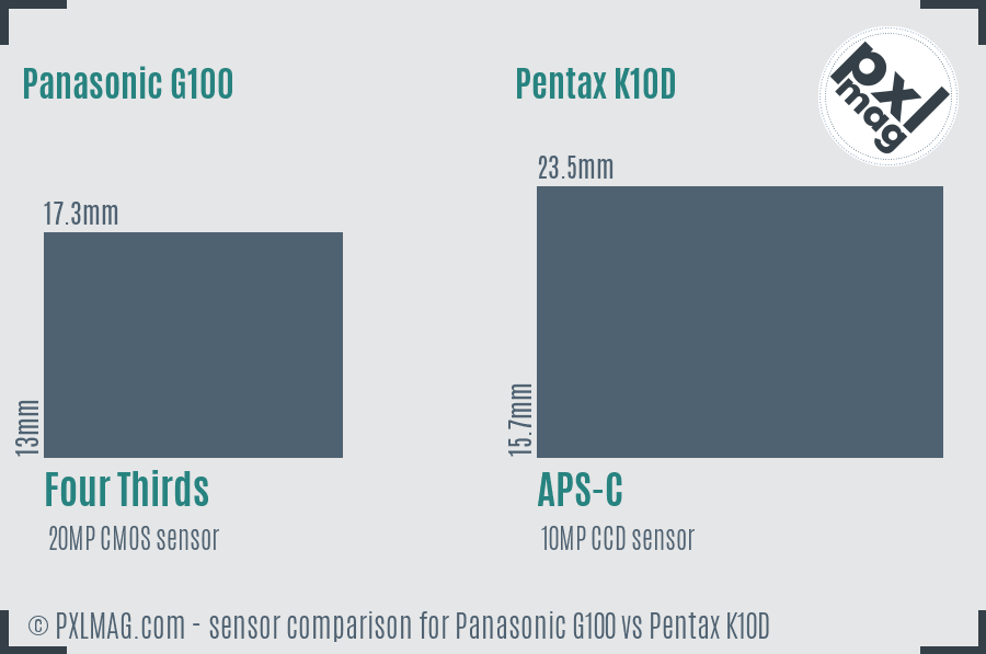 Panasonic G100 vs Pentax K10D sensor size comparison