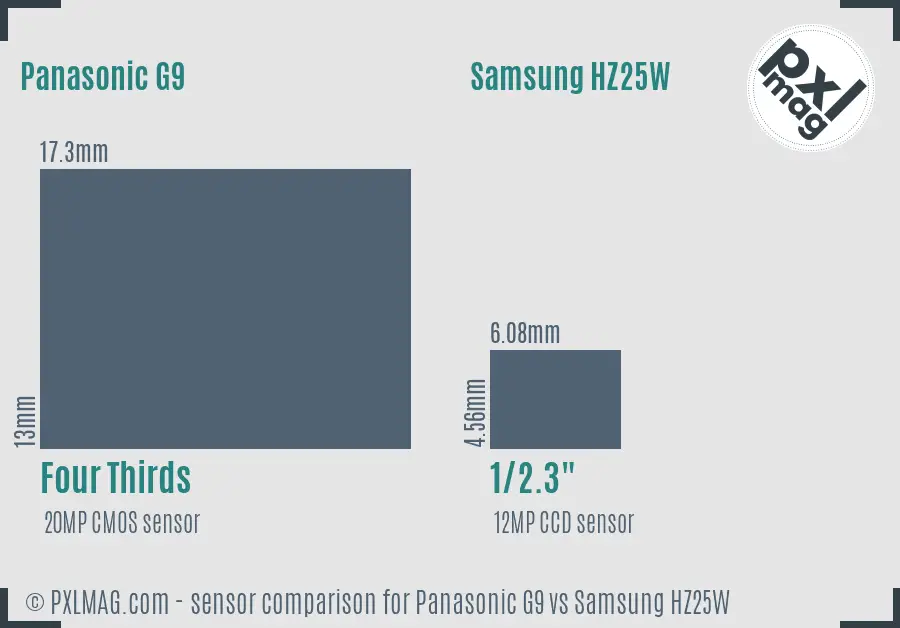 Panasonic G9 vs Samsung HZ25W sensor size comparison
