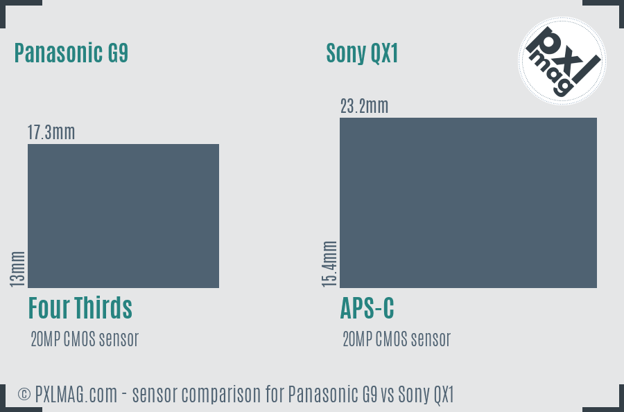 Panasonic G9 vs Sony QX1 sensor size comparison
