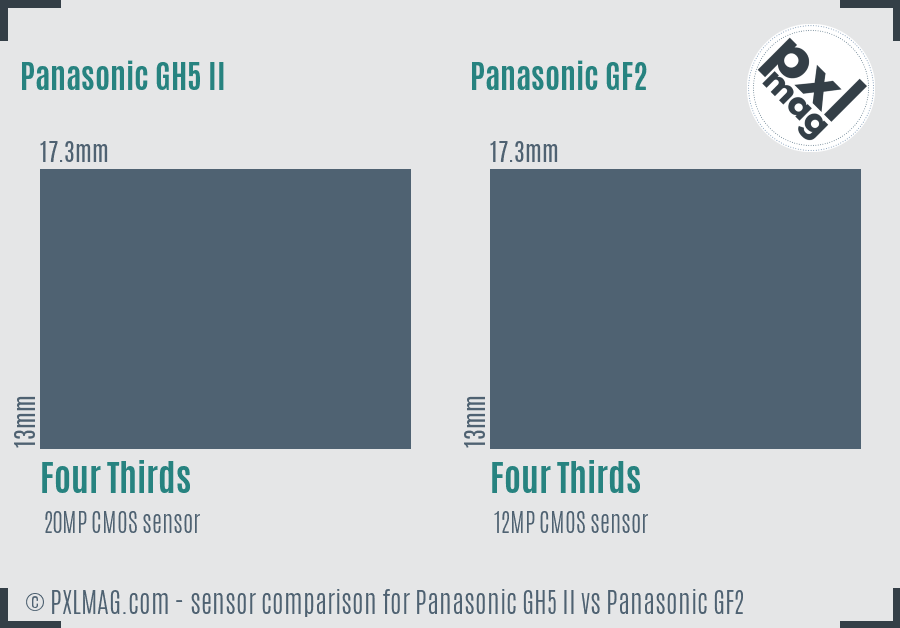 Panasonic GH5 II vs Panasonic GF2 sensor size comparison Panasonic GH5 II vs Panasonic GF2 sensor size comparison