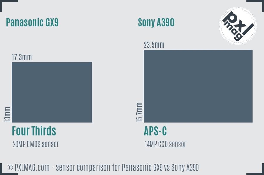 Panasonic GX9 vs Sony A390 sensor size comparison