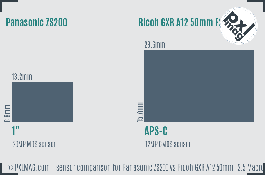 Panasonic ZS200 vs Ricoh GXR A12 50mm F2.5 Macro sensor size comparison