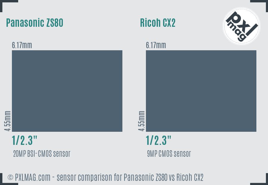 Panasonic ZS80 vs Ricoh CX2 sensor size comparison