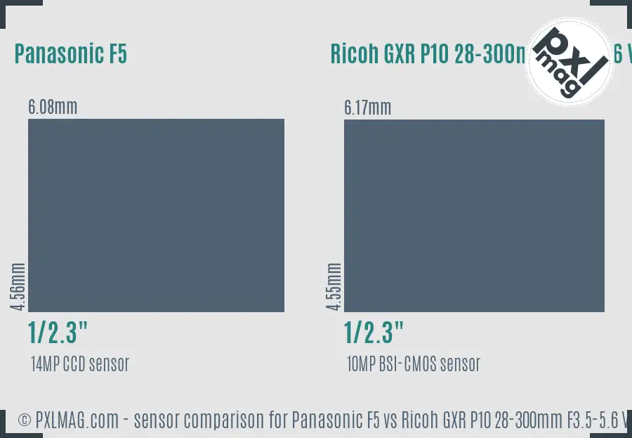 Panasonic F5 vs Ricoh GXR P10 28-300mm F3.5-5.6 VC sensor size comparison Panasonic F5 vs Ricoh GXR P10 28-300mm F3.5-5.6 VC sensor size comparison