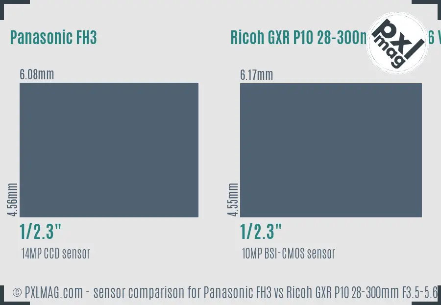 Panasonic FH3 vs Ricoh GXR P10 28-300mm F3.5-5.6 VC sensor size comparison