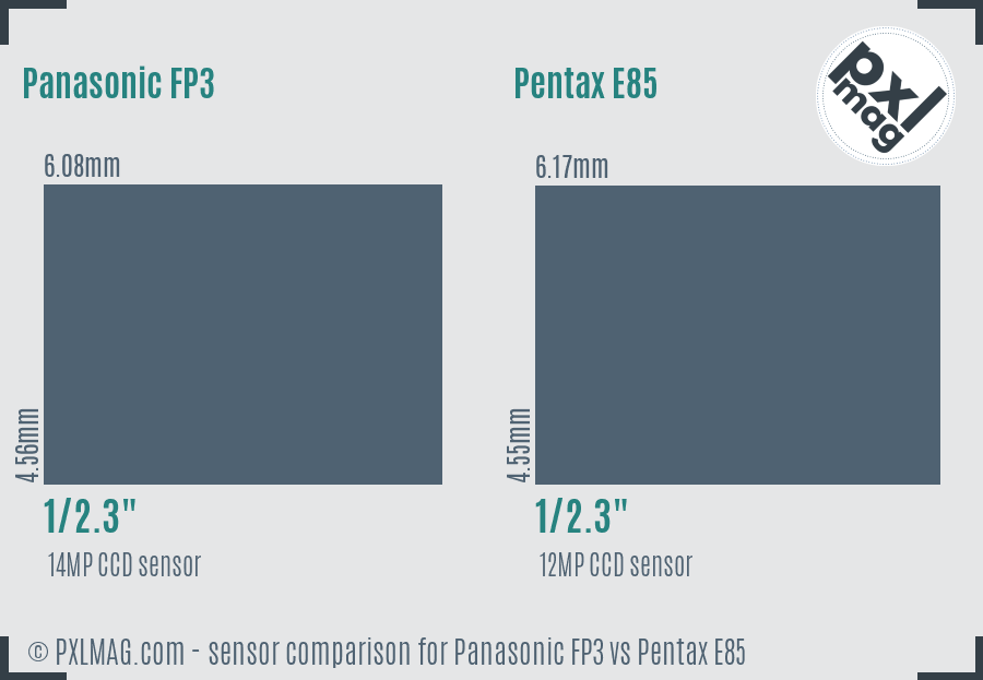 Panasonic FP3 vs Pentax E85 sensor size comparison