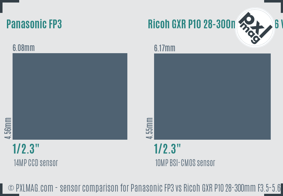 Panasonic FP3 vs Ricoh GXR P10 28-300mm F3.5-5.6 VC sensor size comparison