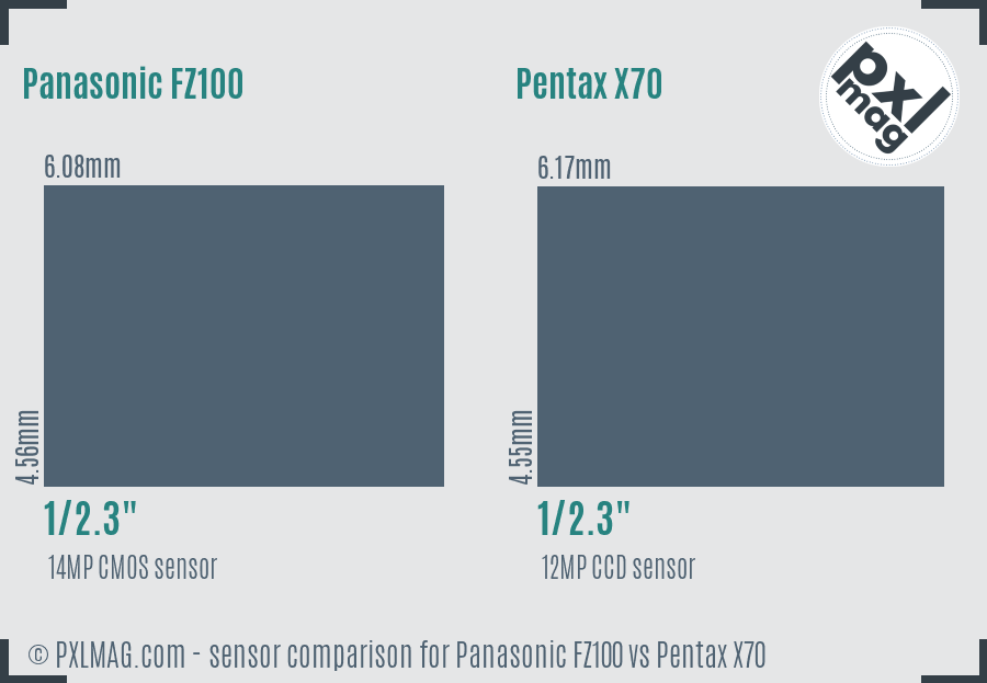 Panasonic FZ100 vs Pentax X70 sensor size comparison