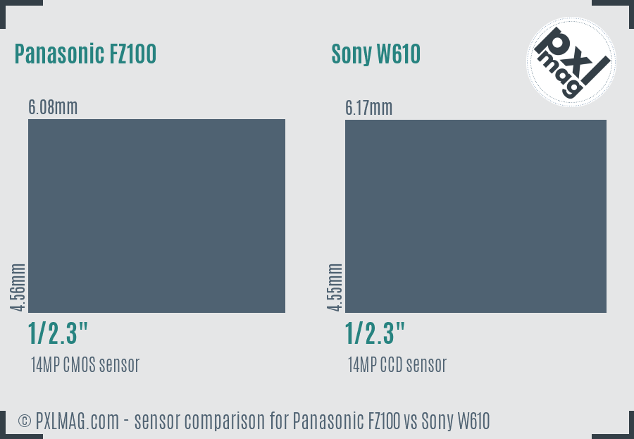 Panasonic FZ100 vs Sony W610 sensor size comparison Panasonic FZ100 vs Sony W610 sensor size comparison