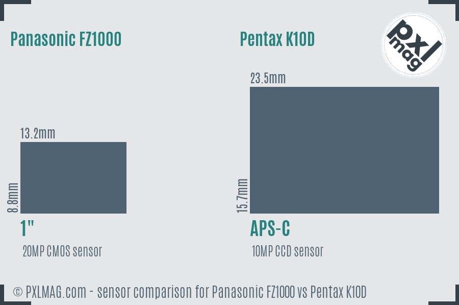 Panasonic FZ1000 vs Pentax K10D sensor size comparison