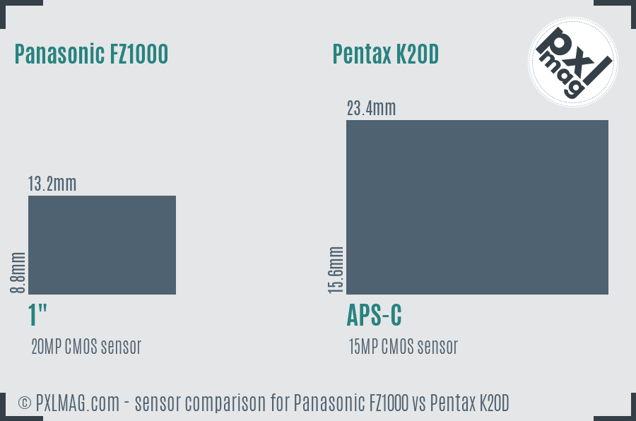 Panasonic FZ1000 vs Pentax K20D sensor size comparison