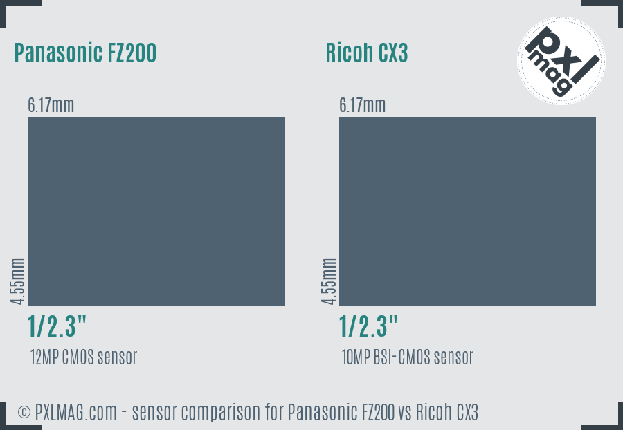 Panasonic FZ200 vs Ricoh CX3 sensor size comparison