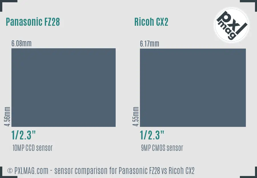 Panasonic FZ28 vs Ricoh CX2 sensor size comparison