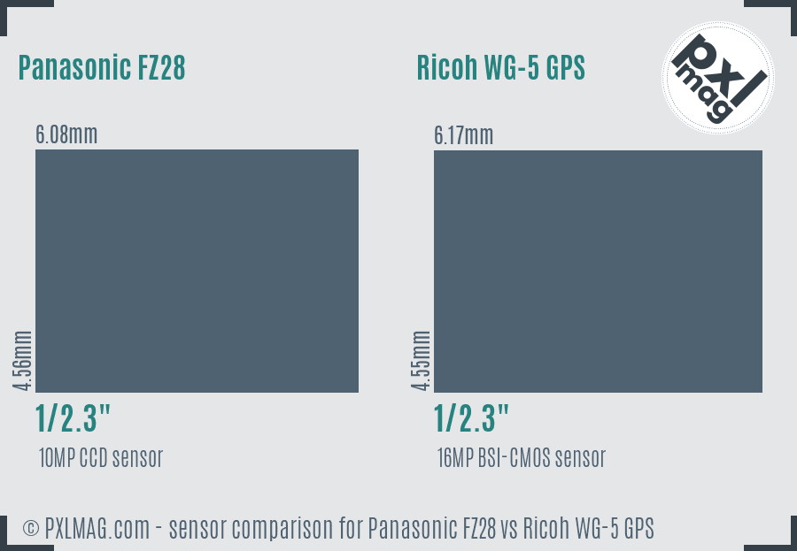 Panasonic FZ28 vs Ricoh WG-5 GPS sensor size comparison
