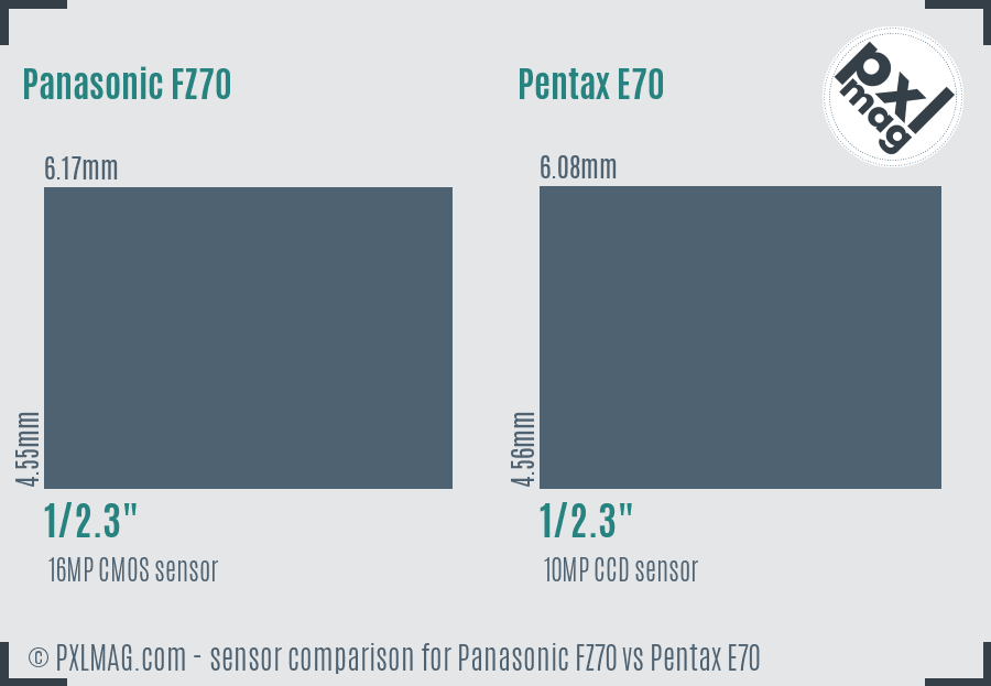 Panasonic FZ70 vs Pentax E70 sensor size comparison