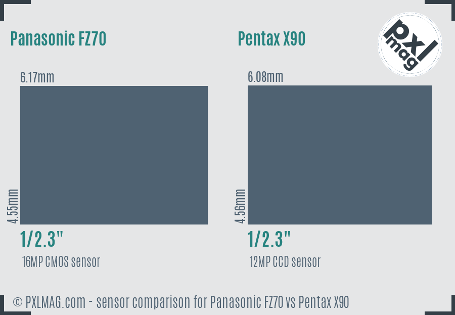 Panasonic FZ70 vs Pentax X90 sensor size comparison