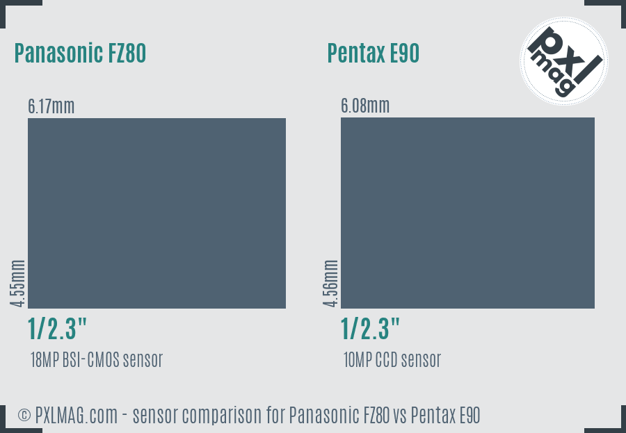 Panasonic FZ80 vs Pentax E90 sensor size comparison