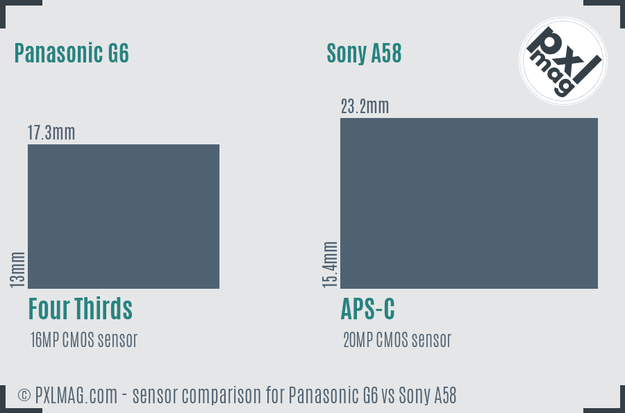 Panasonic G6 vs Sony A58 sensor size comparison