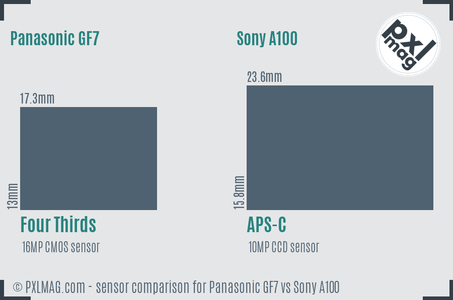 Panasonic GF7 vs Sony A100 sensor size comparison