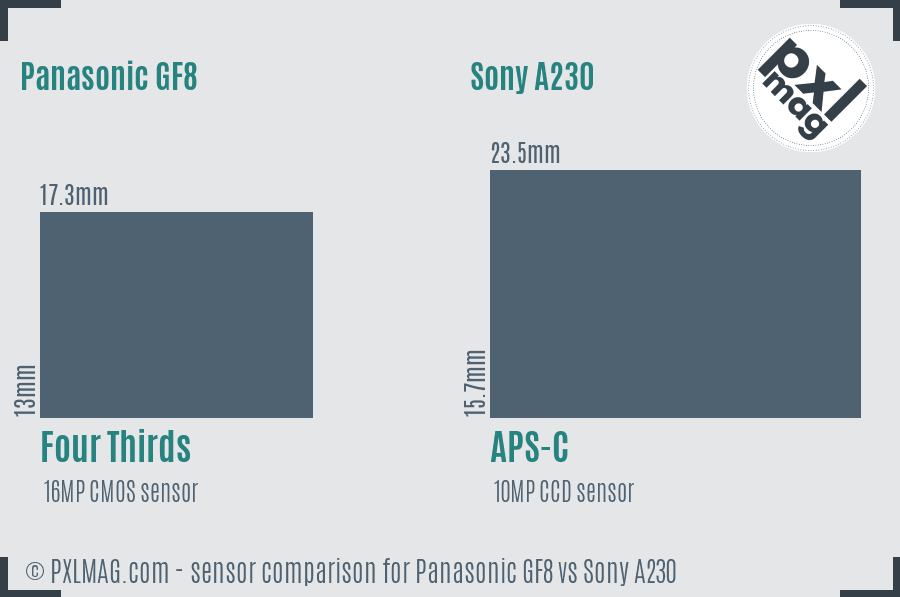 Panasonic GF8 vs Sony A230 sensor size comparison
