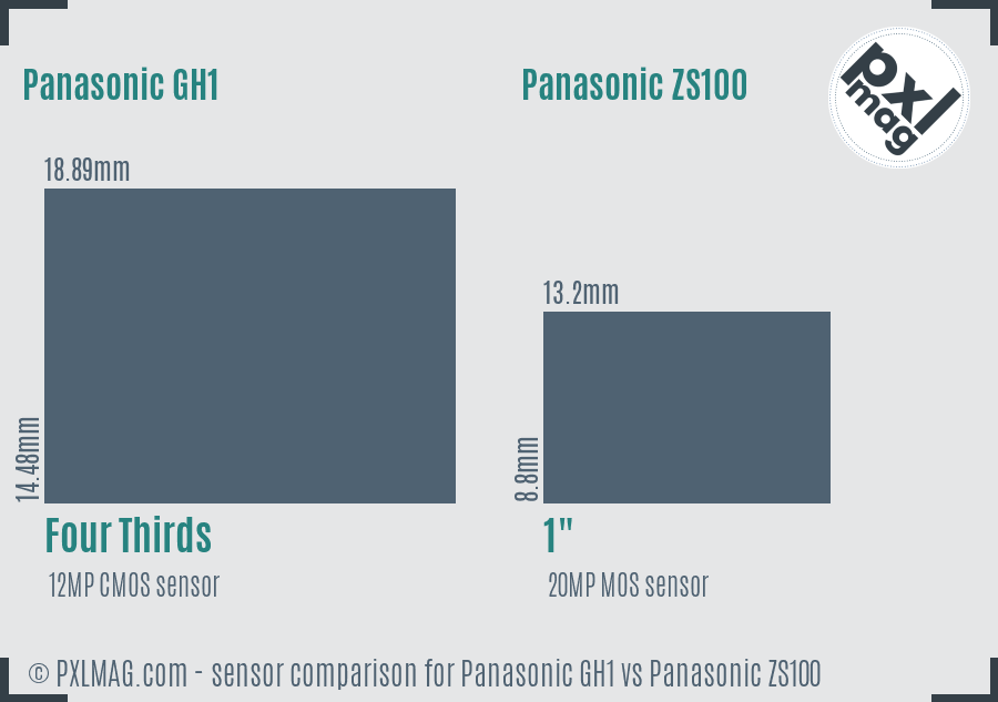 Panasonic GH1 vs Panasonic ZS100 sensor size comparison