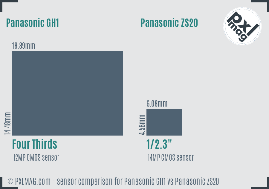 Panasonic GH1 vs Panasonic ZS20 sensor size comparison