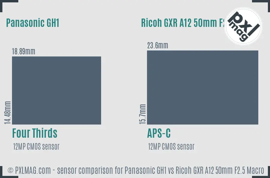 Panasonic GH1 vs Ricoh GXR A12 50mm F2.5 Macro sensor size comparison