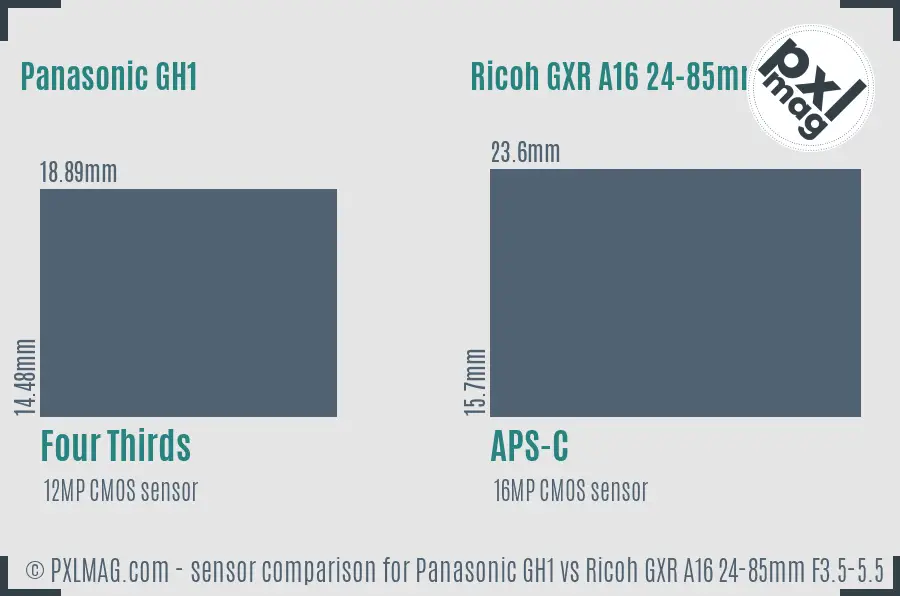 Panasonic GH1 vs Ricoh GXR A16 24-85mm F3.5-5.5 sensor size comparison