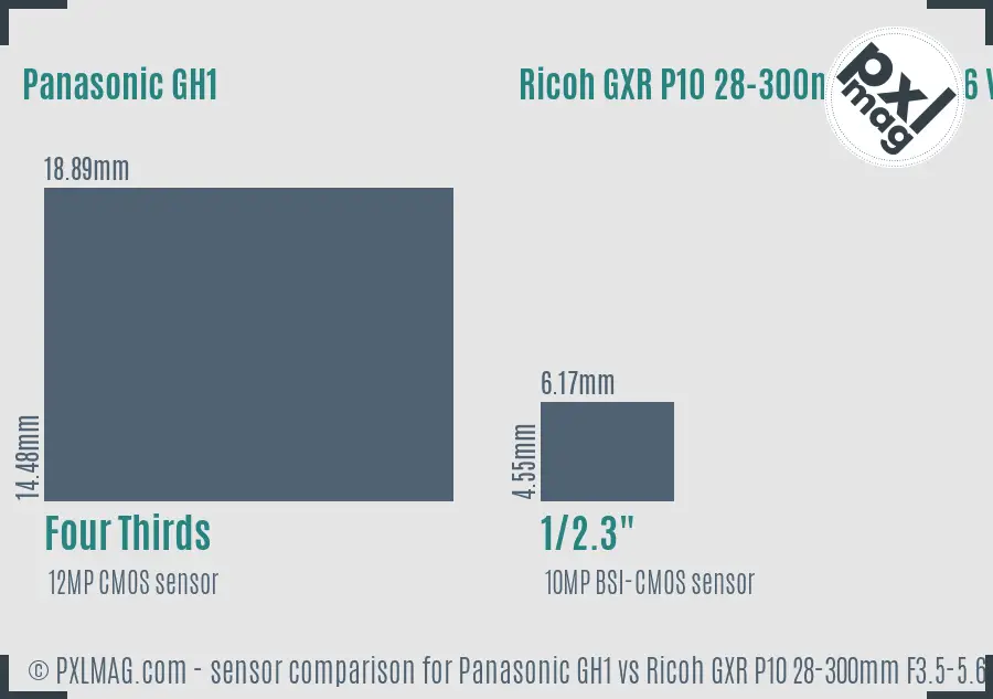 Panasonic GH1 vs Ricoh GXR P10 28-300mm F3.5-5.6 VC sensor size comparison