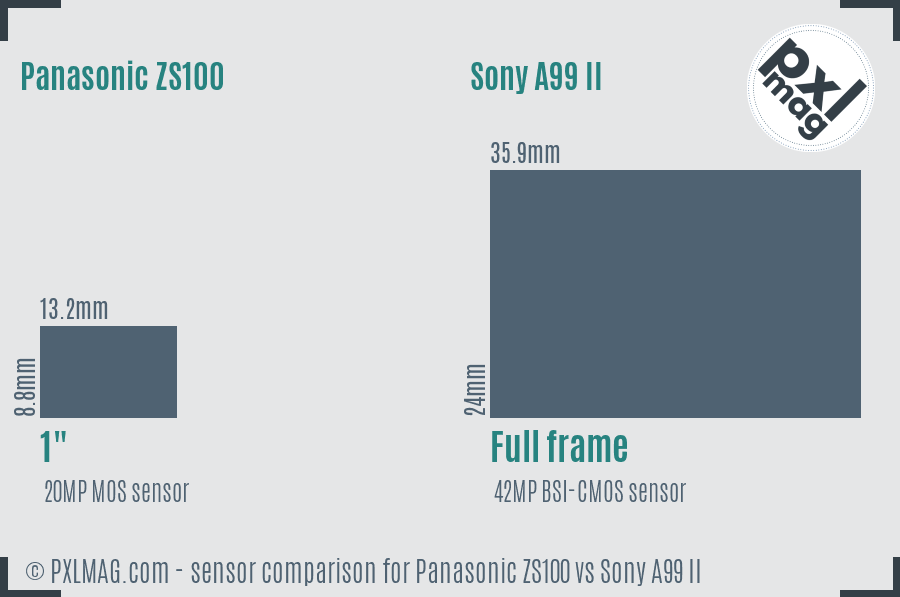 Panasonic ZS100 vs Sony A99 II sensor size comparison