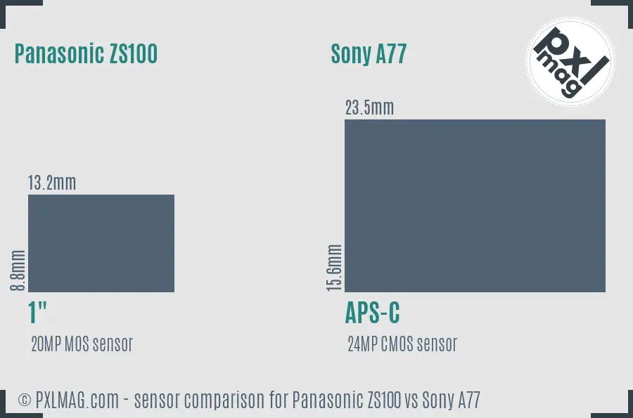 Panasonic ZS100 vs Sony A77 sensor size comparison