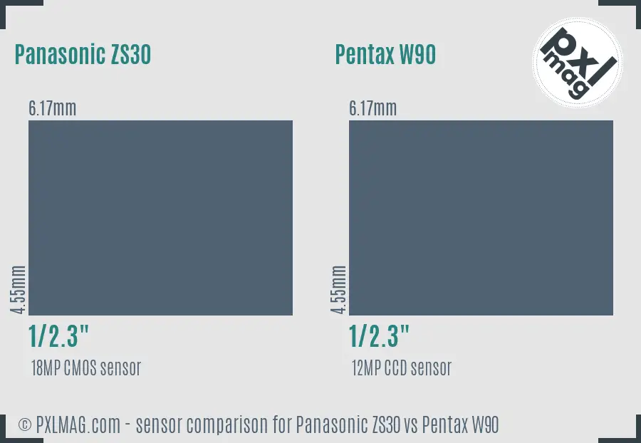 Panasonic ZS30 vs Pentax W90 sensor size comparison