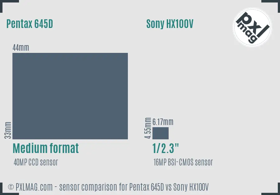 Pentax 645D vs Sony HX100V sensor size comparison