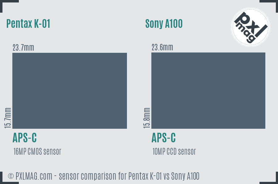 Pentax K-01 vs Sony A100 sensor size comparison