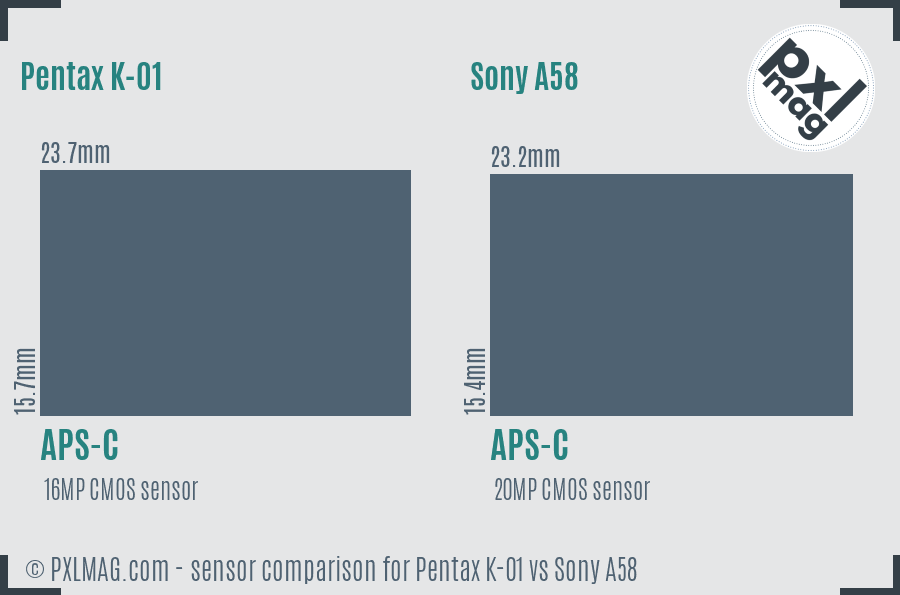 Pentax K-01 vs Sony A58 sensor size comparison