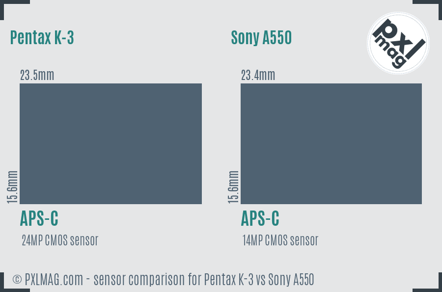 Pentax K-3 vs Sony A550 sensor size comparison